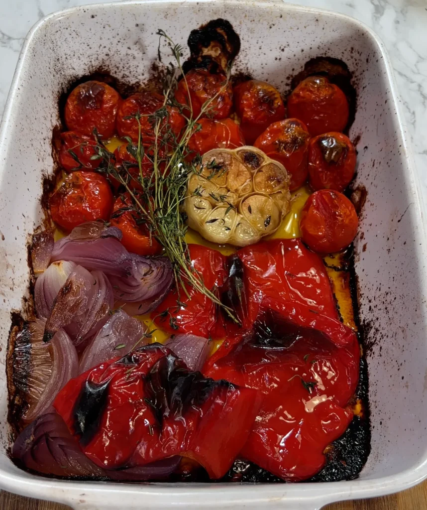 Roasted cherry tomatoes, red bell pepper (diced), chopped onion, garlic (3 cloves or to your liking), dried oregano, a pinch of salt, pepper, or chili flakes if desired, drizzled olive oil over the mix