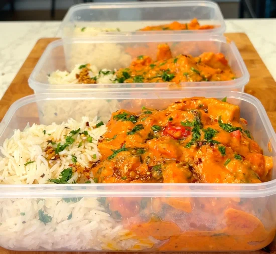 Three meal prep containers filled with creamy Tuscan tofu and rice, garnished with fresh herbs. The tofu is coated in a rich, orange-colored sauce, creating a visually appealing and appetizing dish.