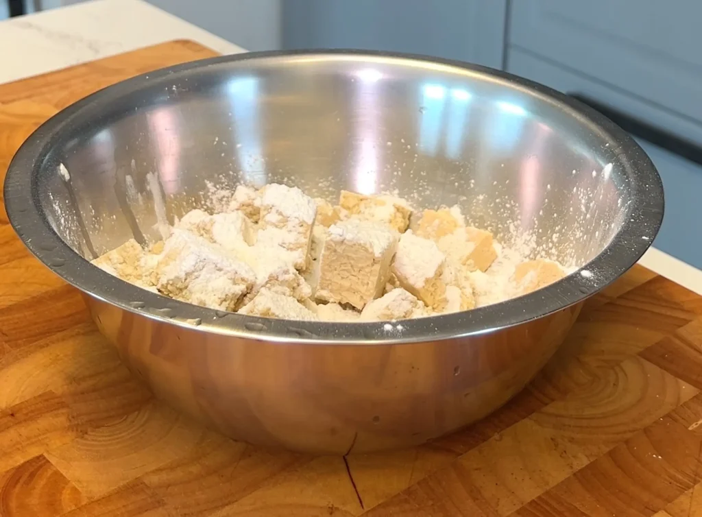 Tofu chunks coated with cornstarch in a mixing bowl.