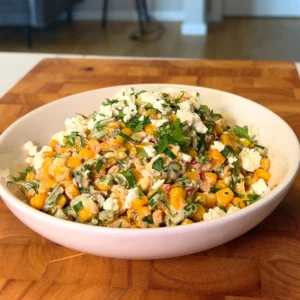 Close-up of creamy corn salad in a white bowl