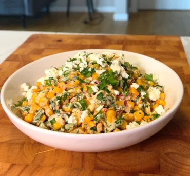 Close-up of creamy corn salad in a white bowl