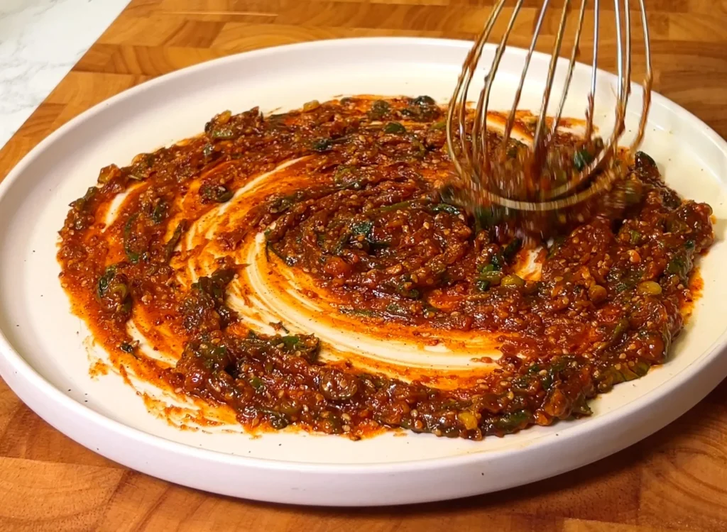 Tossing noodles in a creamy, spicy sauce with kitchen tongs on a plate.