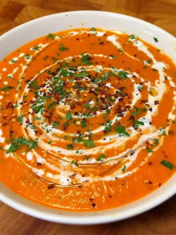 Creamy roasted sweet potato and pepper soup garnished with herbs and cream.