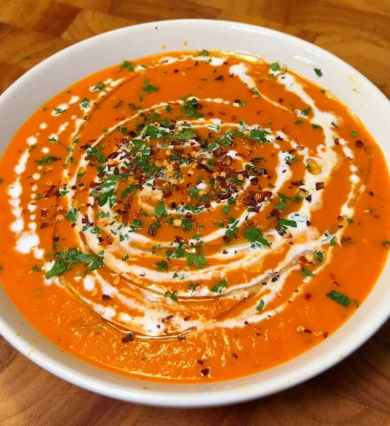 Creamy roasted sweet potato and pepper soup garnished with herbs and cream.