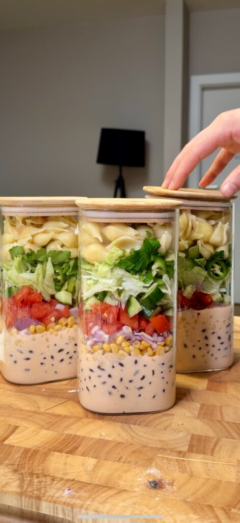 taco pasta salad in a mason jar