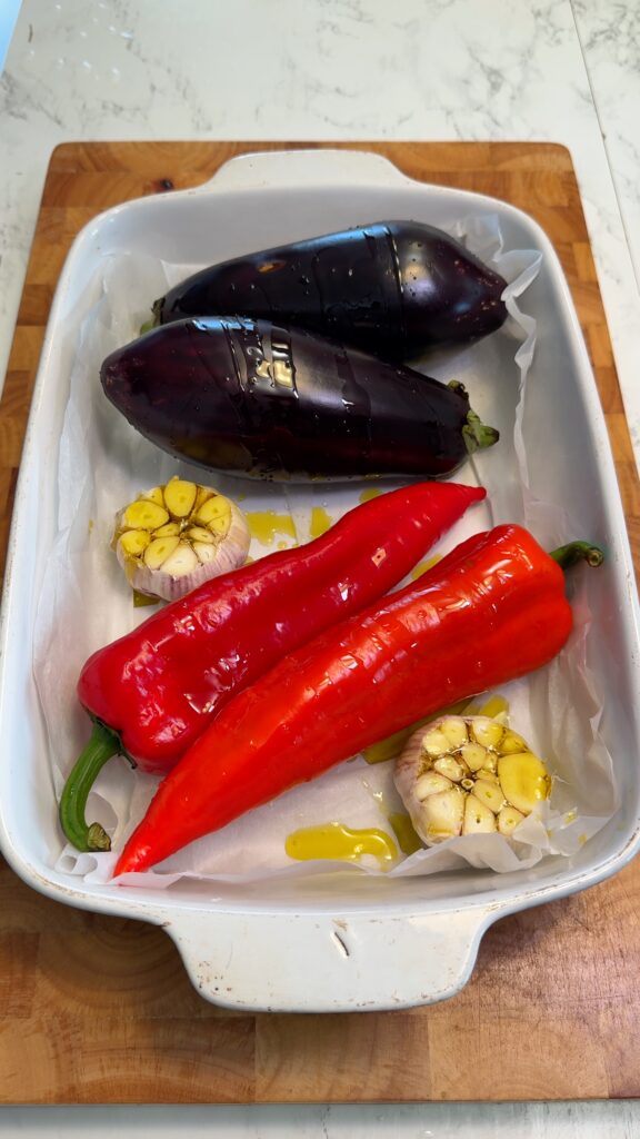 various vegetables: eggplants, red bell pepper and garlic