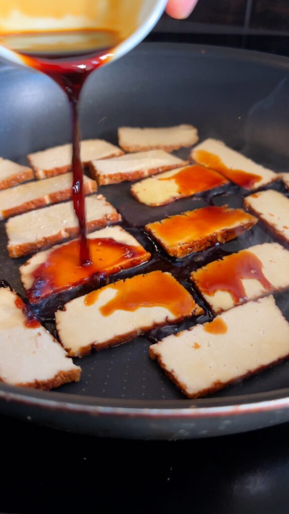 cooking smoked tofu with teriyaki sauce