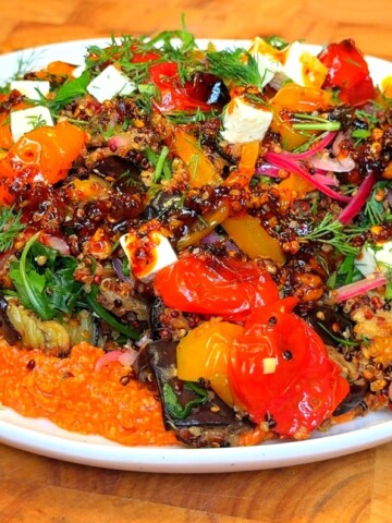 Crispy Quinoa Salad with Roasted Veggies and Creamy Pepper Dressing