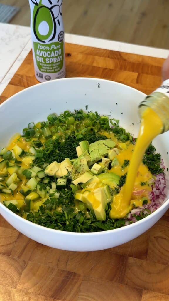 While the pasta crisps, whisk the dressing in a large bowl.