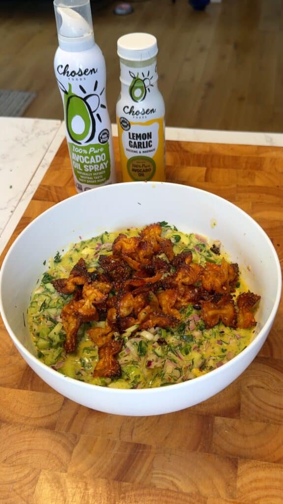 Once pasta is crispy and slightly cooled, mix it into the salad.