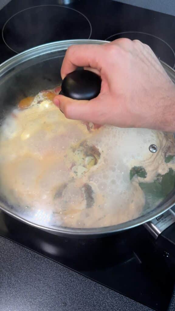 Cook covered – Place a lid on the pan and let everything cook, stirring occasionally until the pasta softens.