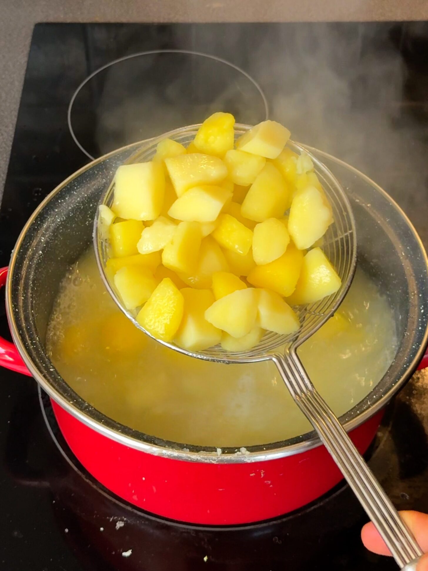 Boiled potatoes drained and dried in a pot before mashing