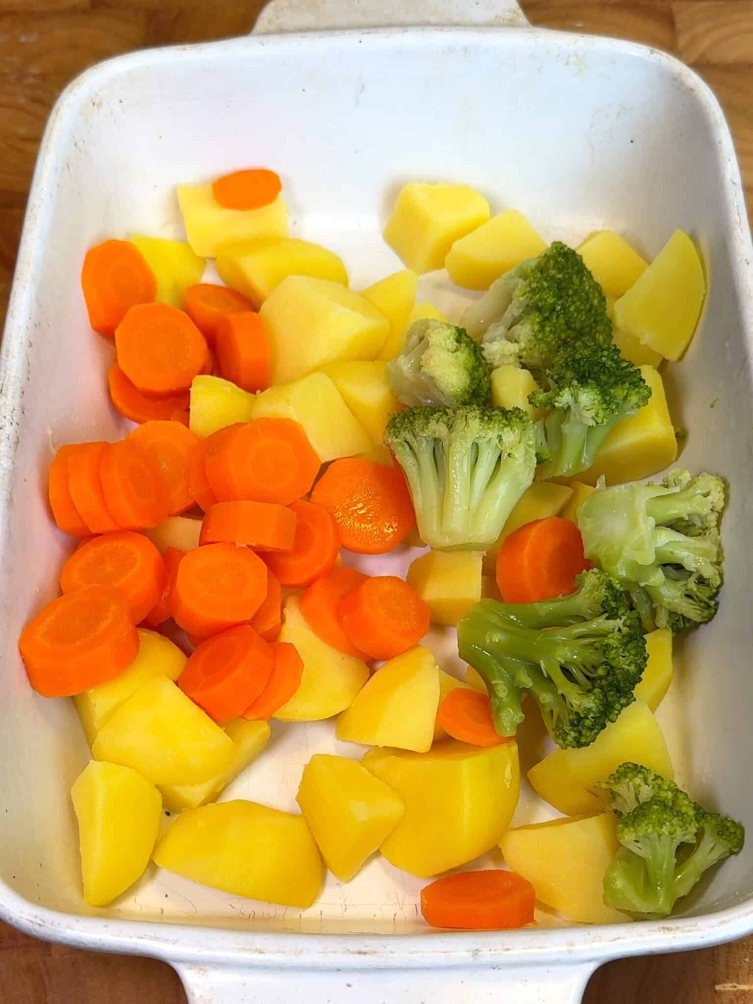 cooked potatoes carrots and broccoli for veggie snack recipe
