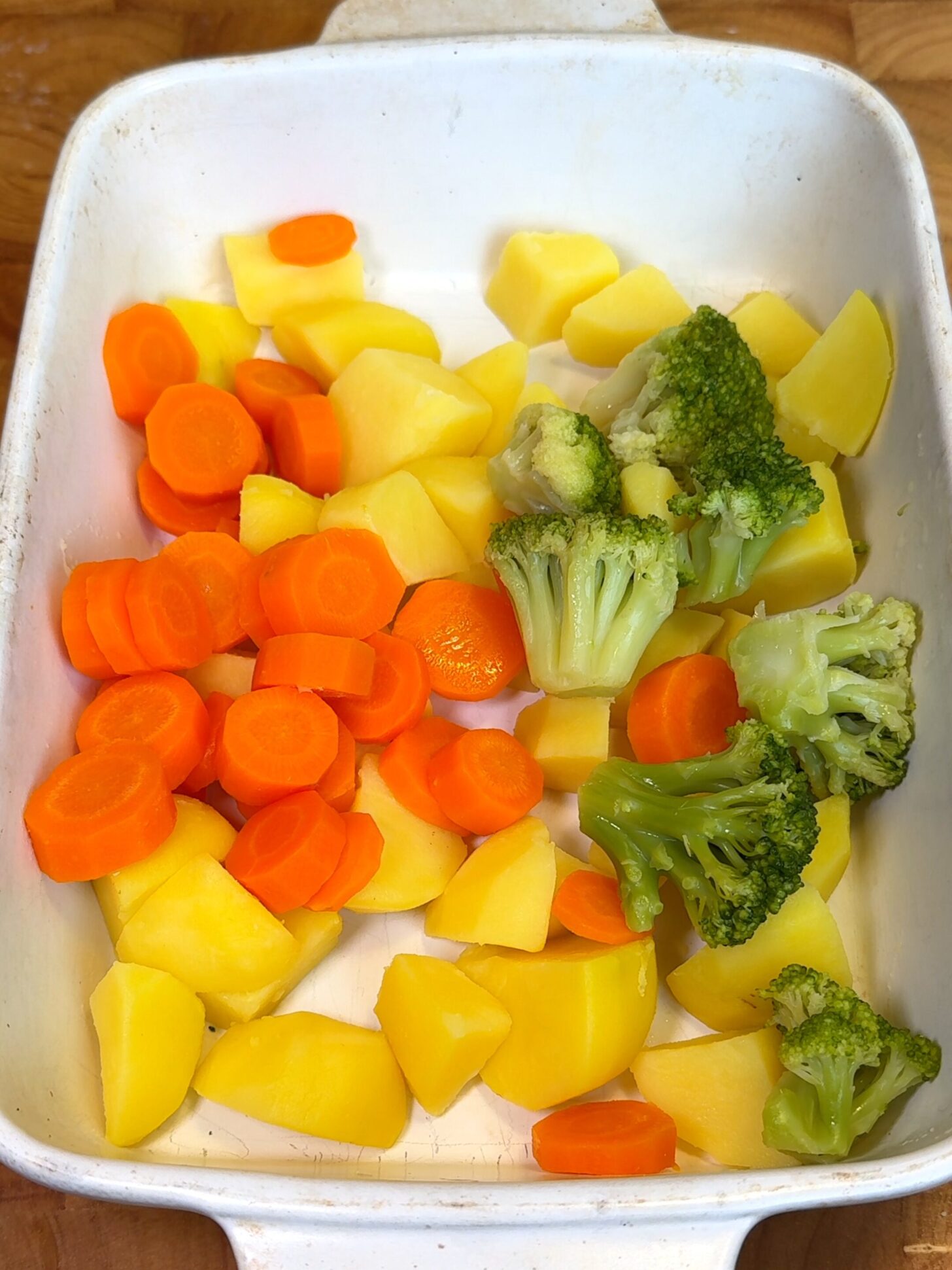 cooked potatoes carrots and broccoli for veggie snack recipe