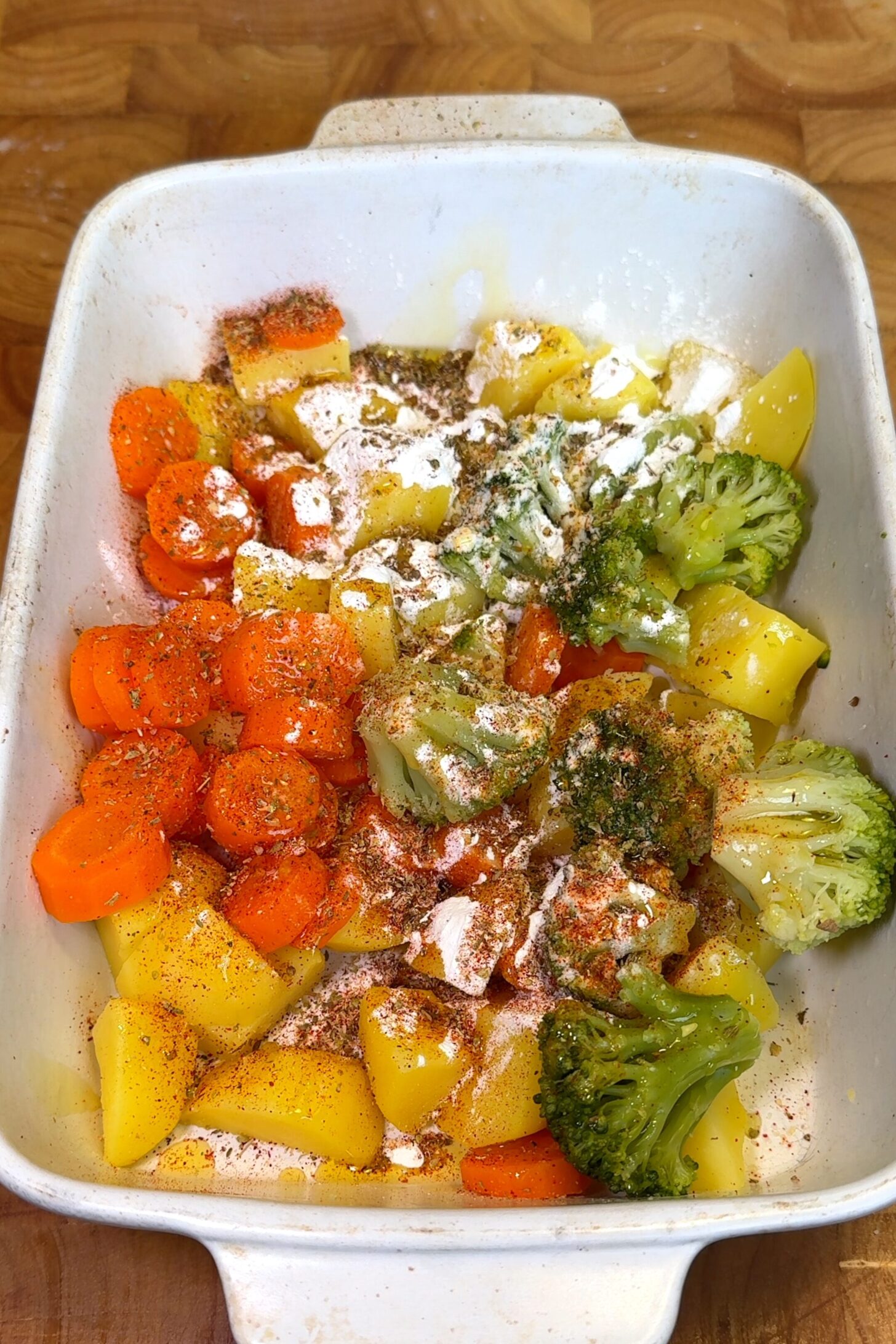 easoned vegetables in baking dish for veggie fritters