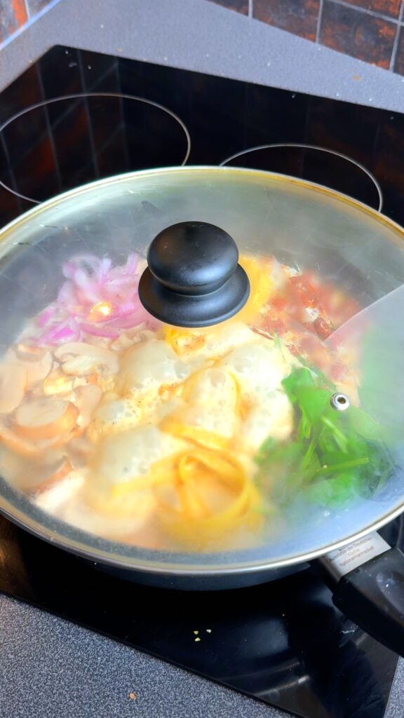 Cover and simmer
Put the lid on and let it cook over medium heat. The pasta will soften and soak up all the flavor as it simmers.