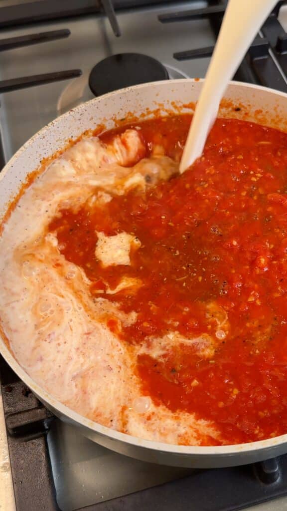 Add cream and broth
Pour in the plant cream and broth. Blend if you want a smoother soup.