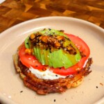Crispy Potato Waffle with Cream Cheese, Avocado and Chili Crisp