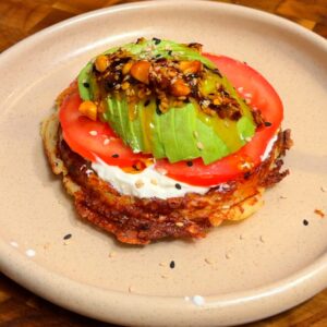 Crispy Potato Waffle with Cream Cheese, Avocado and Chili Crisp