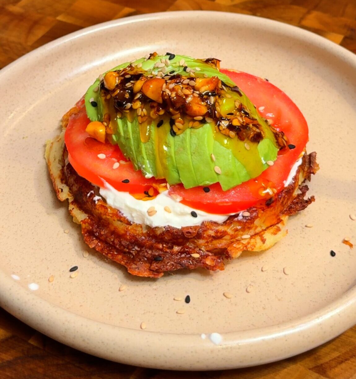 Crispy Potato Waffle with Cream Cheese, Avocado and Chili Crisp