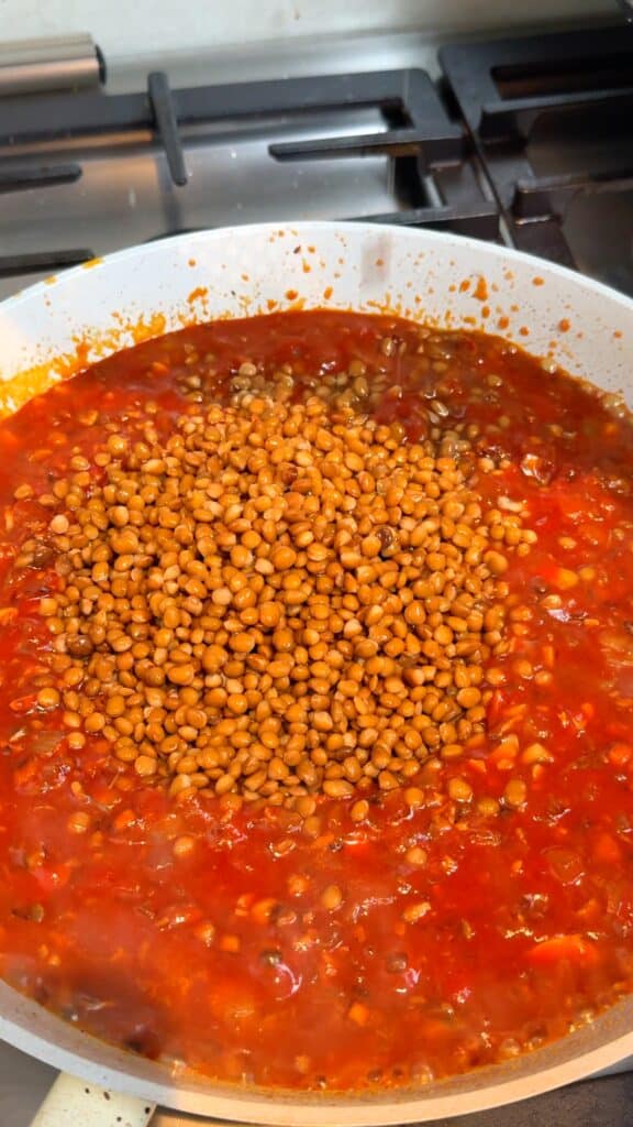 Add the lentils
Pour in the water, add the drained lentils, and simmer until thick and saucy.