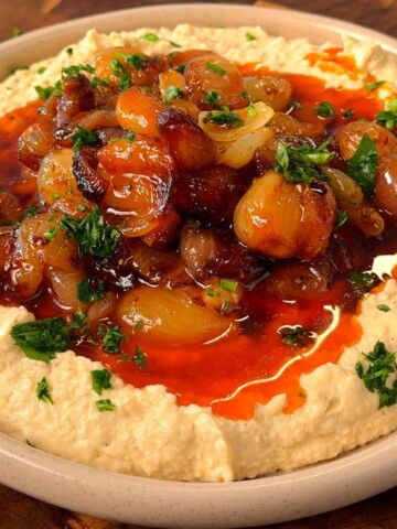 Caramelized Pearl Onion Dip with Creamy Feta Hummus