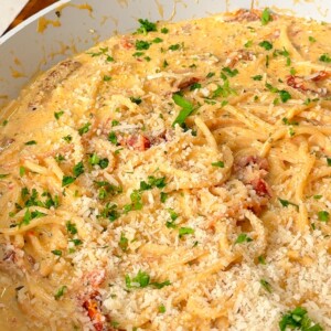 Serve Top with extra vegan parmesan and fresh basil. Serve straight from the pan.