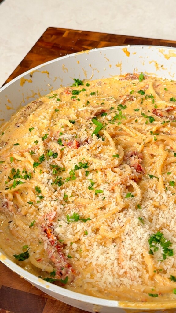 Serve Top with extra vegan parmesan and fresh basil. Serve straight from the pan.