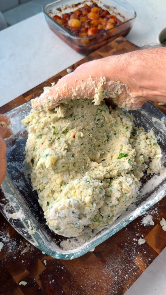 Mix into a dough Use your hands to bring everything together into a soft dough. It should be slightly tacky but not sticky.