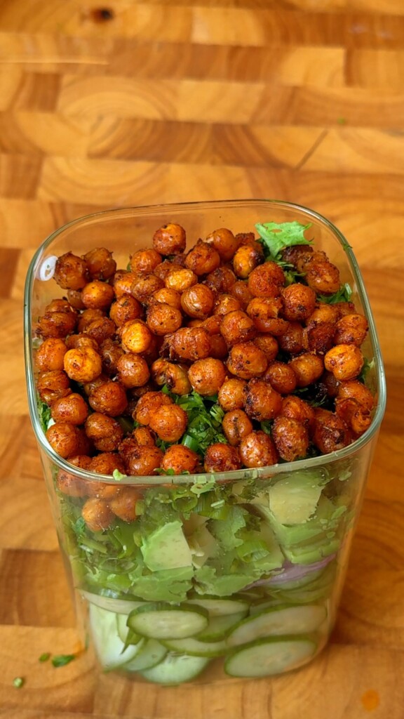 Crispy roasted chickpeas spooned on top of the cucumber jar salad