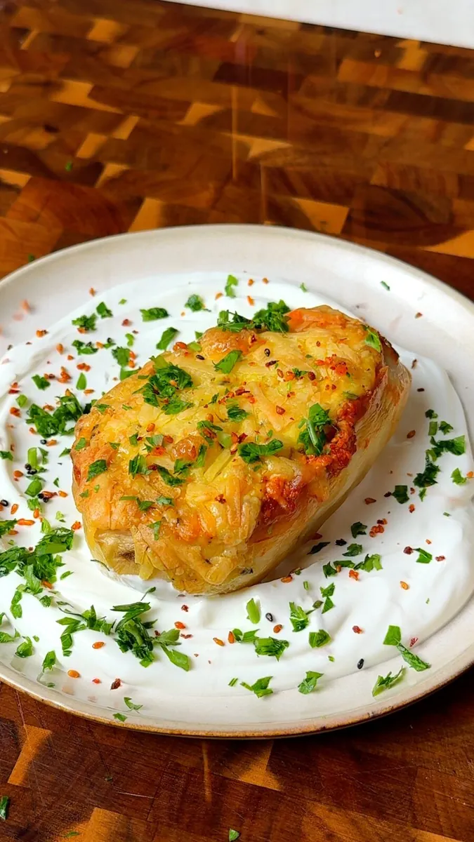 Vegan loaded baked potato stuffed with lentils and tofu, topped with melted vegan cheese and served over garlicky yogurt