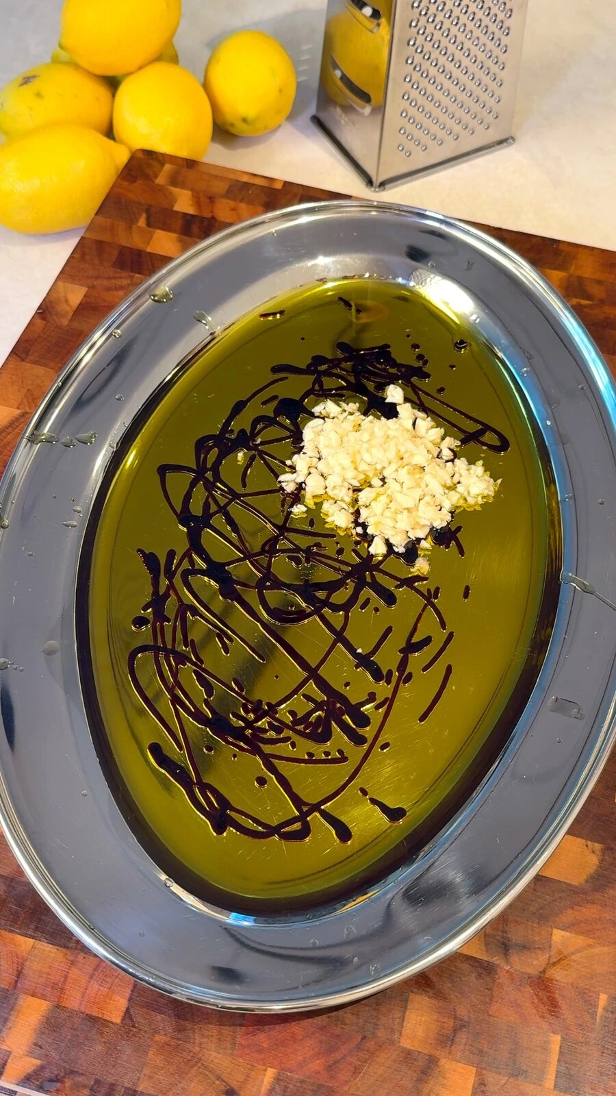 Olive oil, balsamic, and garlic whisked into a bruschetta dressing
