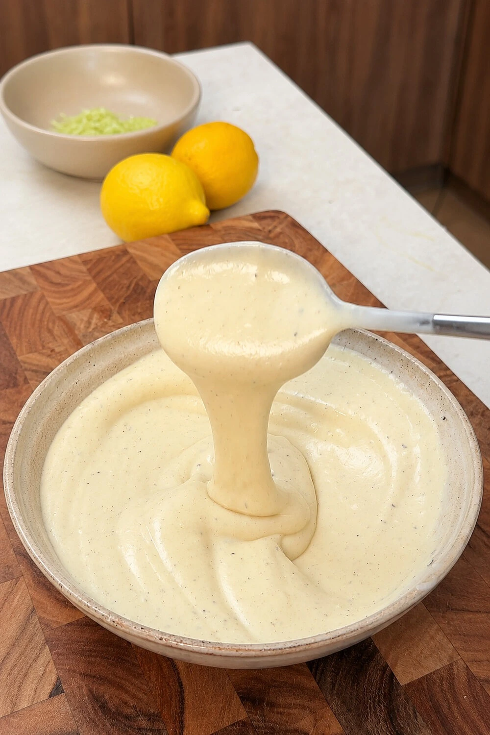 Creamy lemon dressing in a bowl