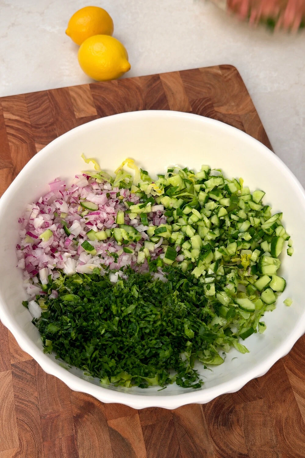 Chopped romaine, cucumber, red onion, and herbs in a bowl