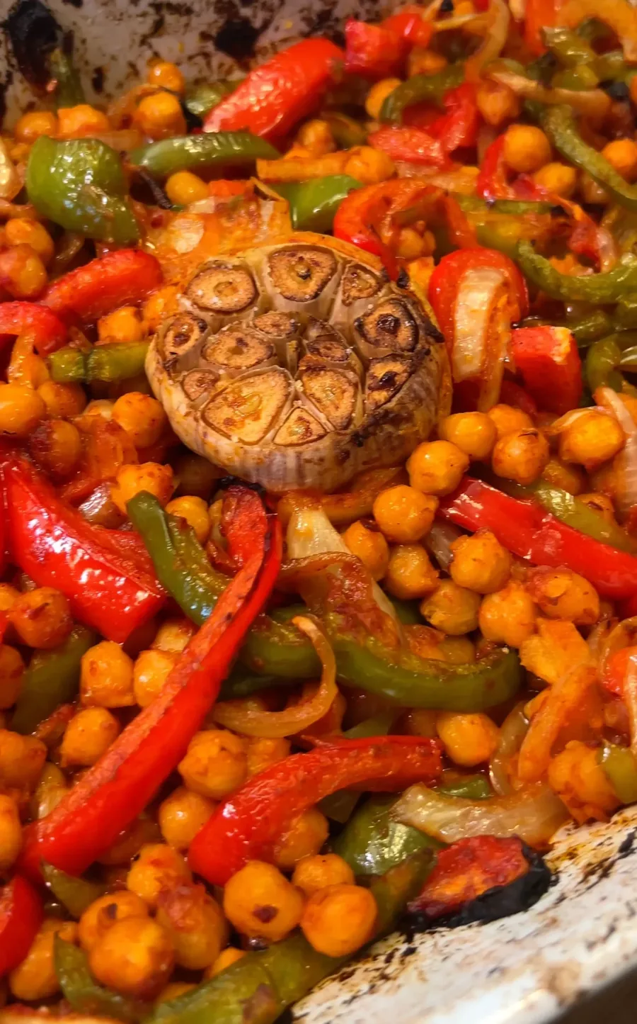 The baked chickpea and pepper bake with golden roasted garlic