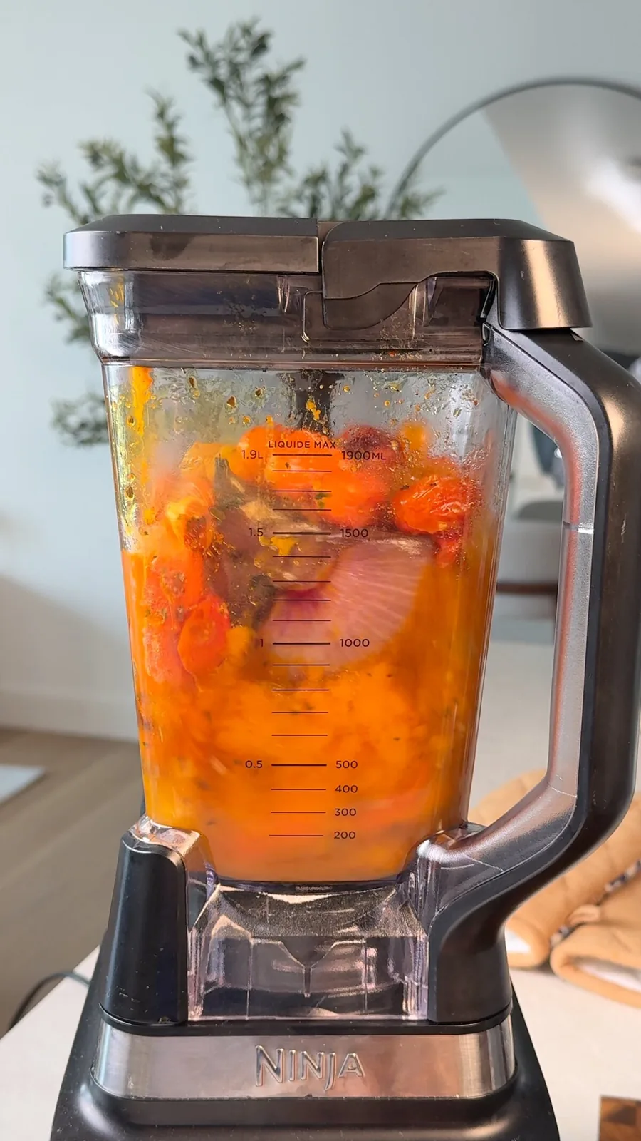 Roasted vegetables and broth in a blender for butternut squash soup