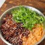 Creamy udon noodles topped with dark glazed tofu crumbles, scallions, cilantro and sesame seeds