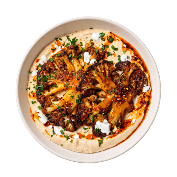 Roasted cauliflower steaks on creamy hummus