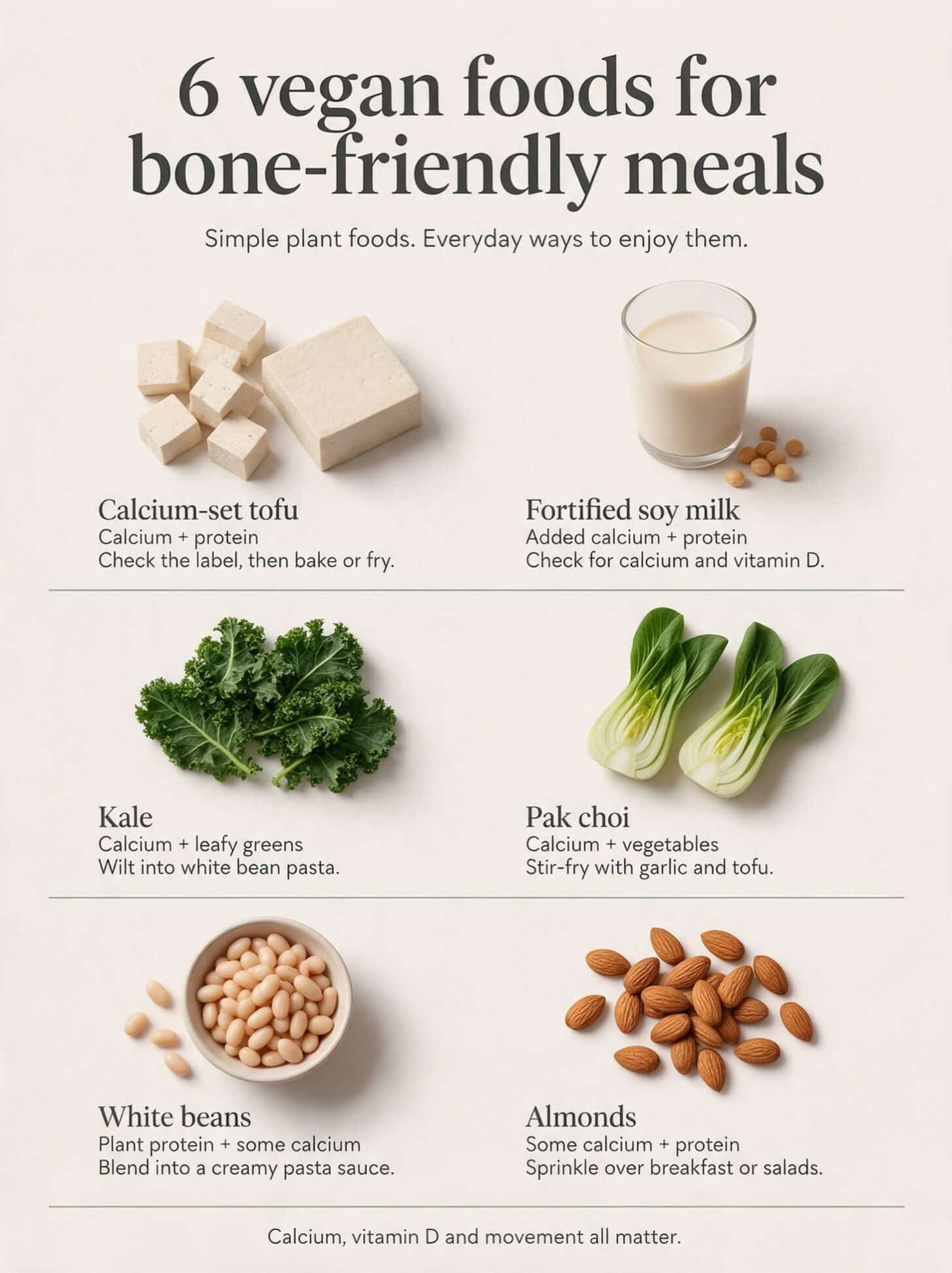 Six foods for bone-friendly meals: calcium-set tofu, fortified soy milk, kale, pak choi, white beans, almonds.