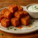 Crispy baked tofu nuggets served with creamy herb dipping sauce