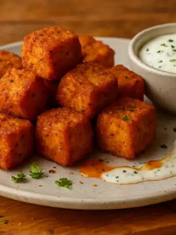 Crispy baked tofu nuggets served with creamy herb dipping sauce