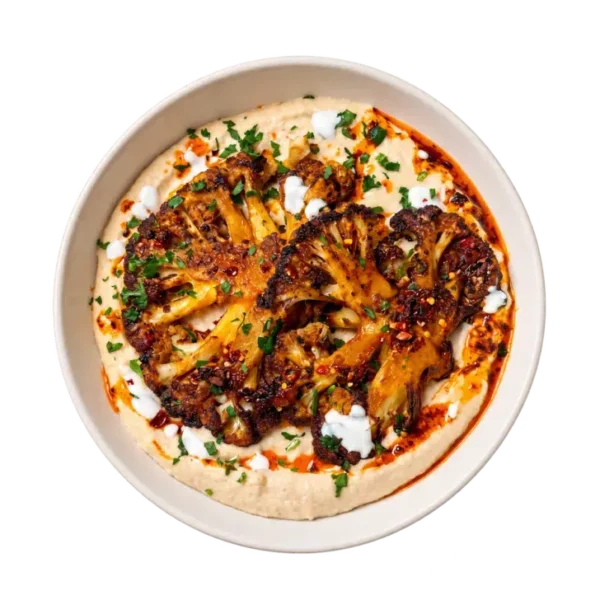 Roasted cauliflower steaks on creamy hummus