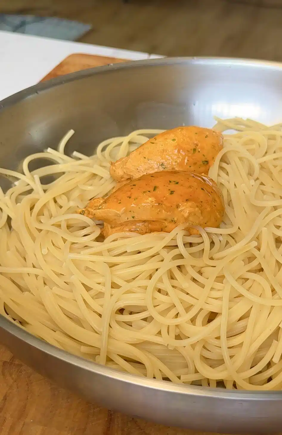 Spaghetti tossed with tomato basil garlic butter