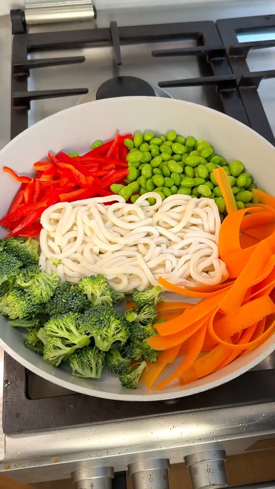 Frozen udon noodles surrounded by broccoli, carrot ribbons, bell pepper and edamame